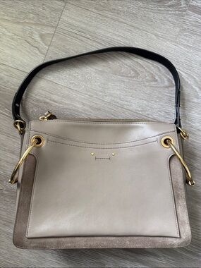 Chloe Taupe Leather & Suede Shoulder Bag with Black Strap and Gold Hardware